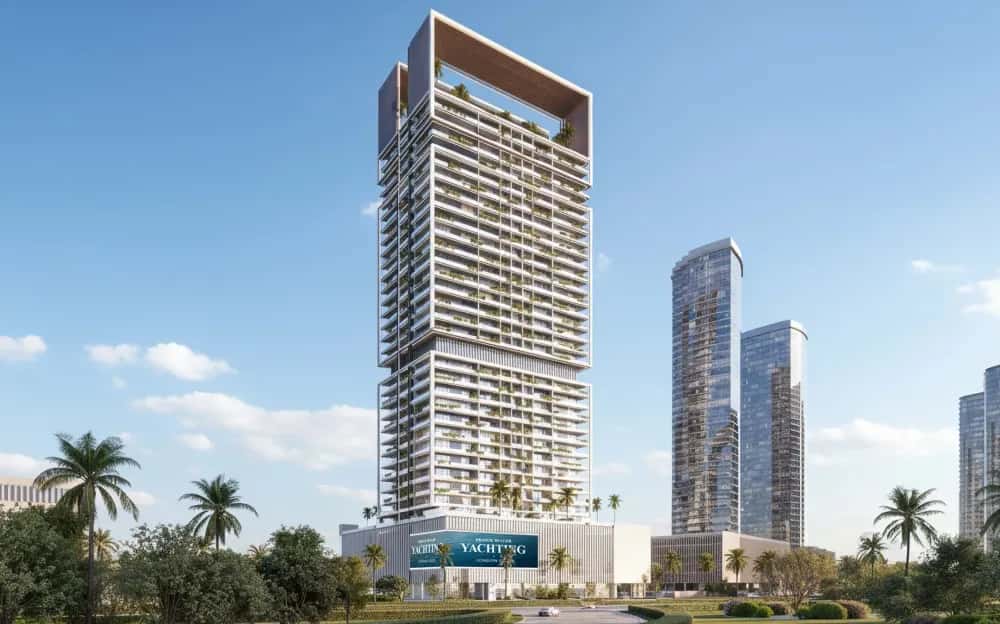 Franck Muller Yachting tower facade in Dubai Maritime City, a 30-storey branded residential building by London Gate