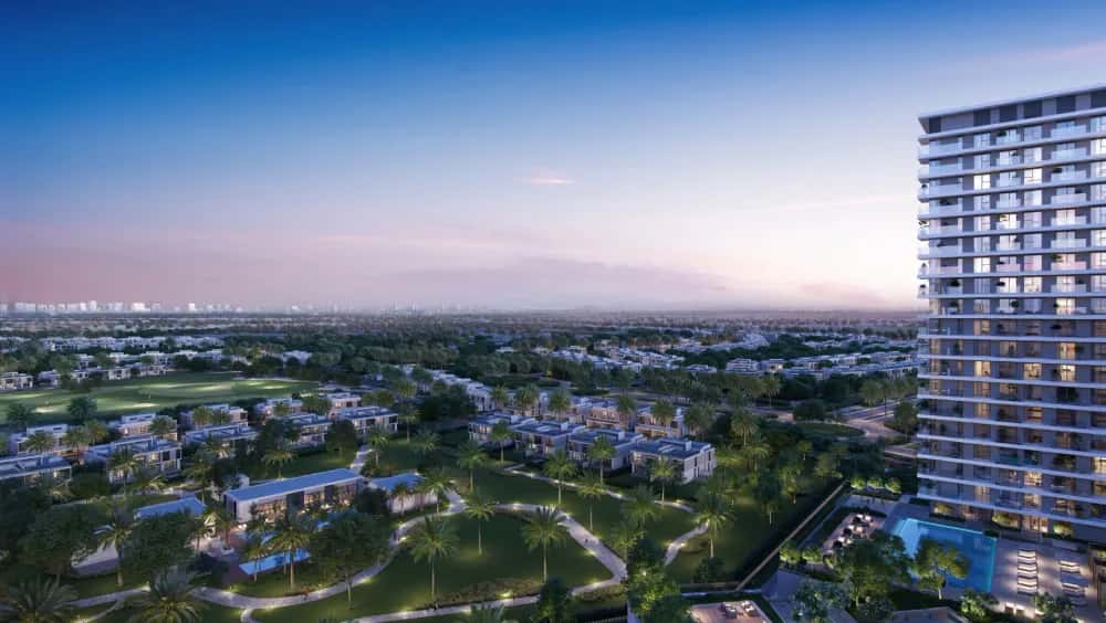 Greenside Residence towers by Emaar fronting Dubai Hills Golf Course with Burj Khalifa skyline in the background