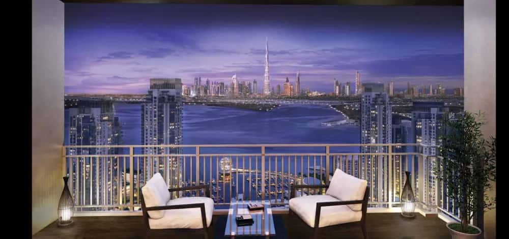 Harbour Views twin towers at Dubai Creek Harbour Island District with Creek waterfront in the foreground