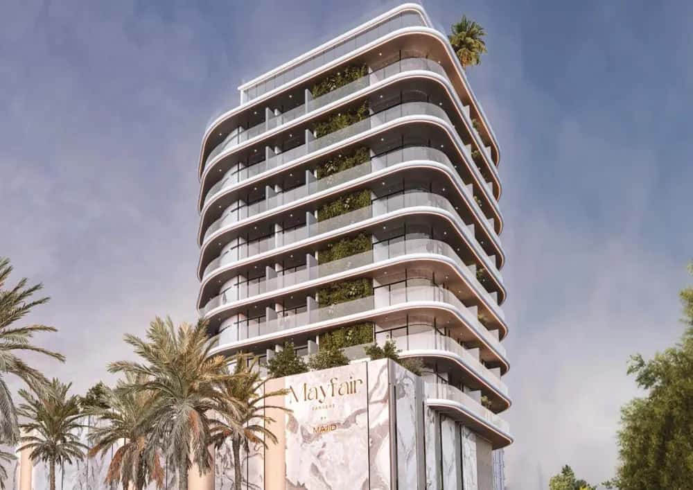 Mayfair Gardens by Majid residential tower in Jumeirah Garden City Dubai with infinity pool and skyline views
