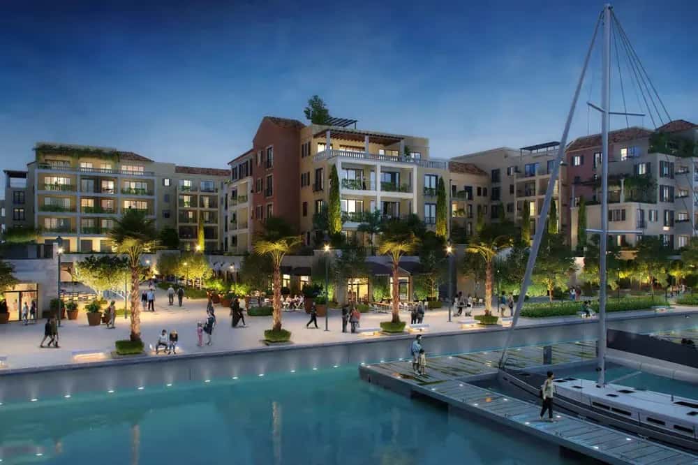 La Cote at Port de La Mer: low-rise Mediterranean apartment buildings with marina and Arabian Gulf views, Jumeirah Dubai