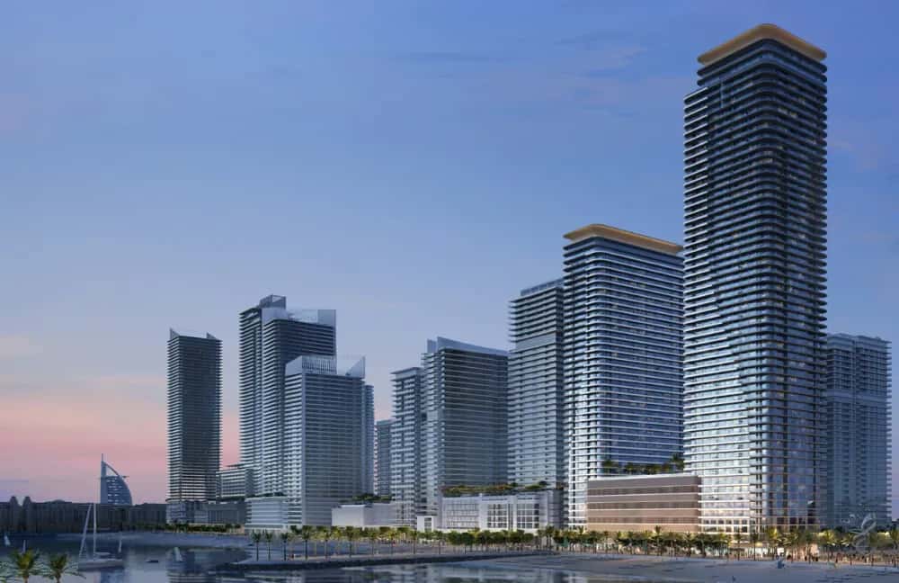 Seapoint Tower 1 and Tower 2 by Emaar rising above the Arabian Gulf waterfront at Dubai Harbour