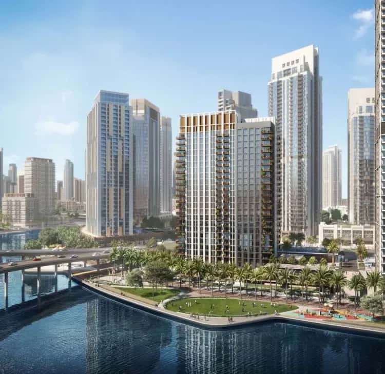 Creek Crescent residential tower on Creek Island, Dubai Creek Harbour, with waterfront promenade and creek views