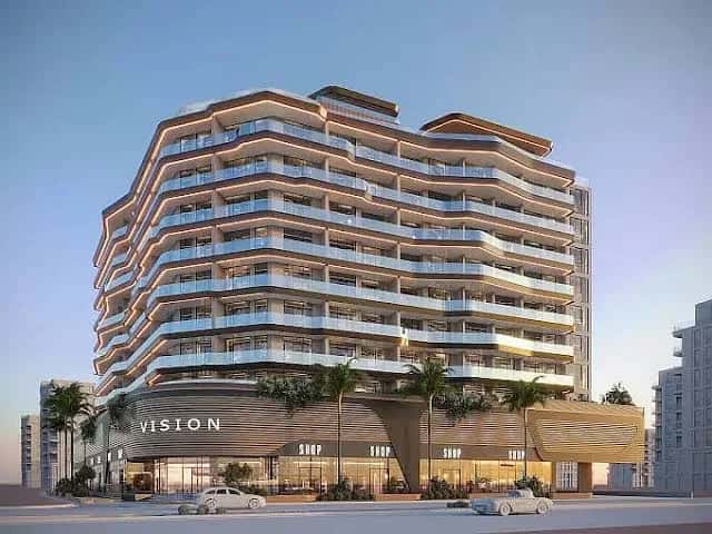 Exterior view of the Reem by Vision residential tower in Liwan, Dubai