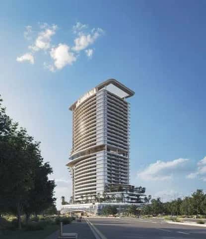 Samana Barari Heights tower exterior with resort-style pool deck in Majan, Dubai