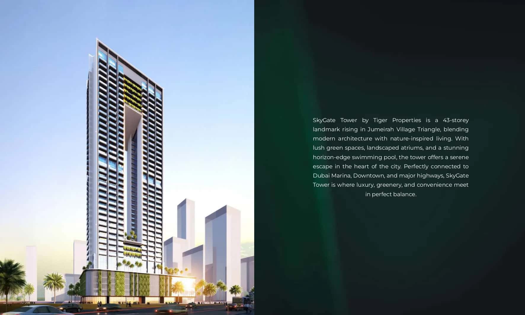 Sky Gate Tower exterior view in Jumeirah Village Triangle, Dubai