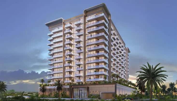 Sola Residences tower facade and drop-off entrance in Wasl Gate, Dubai