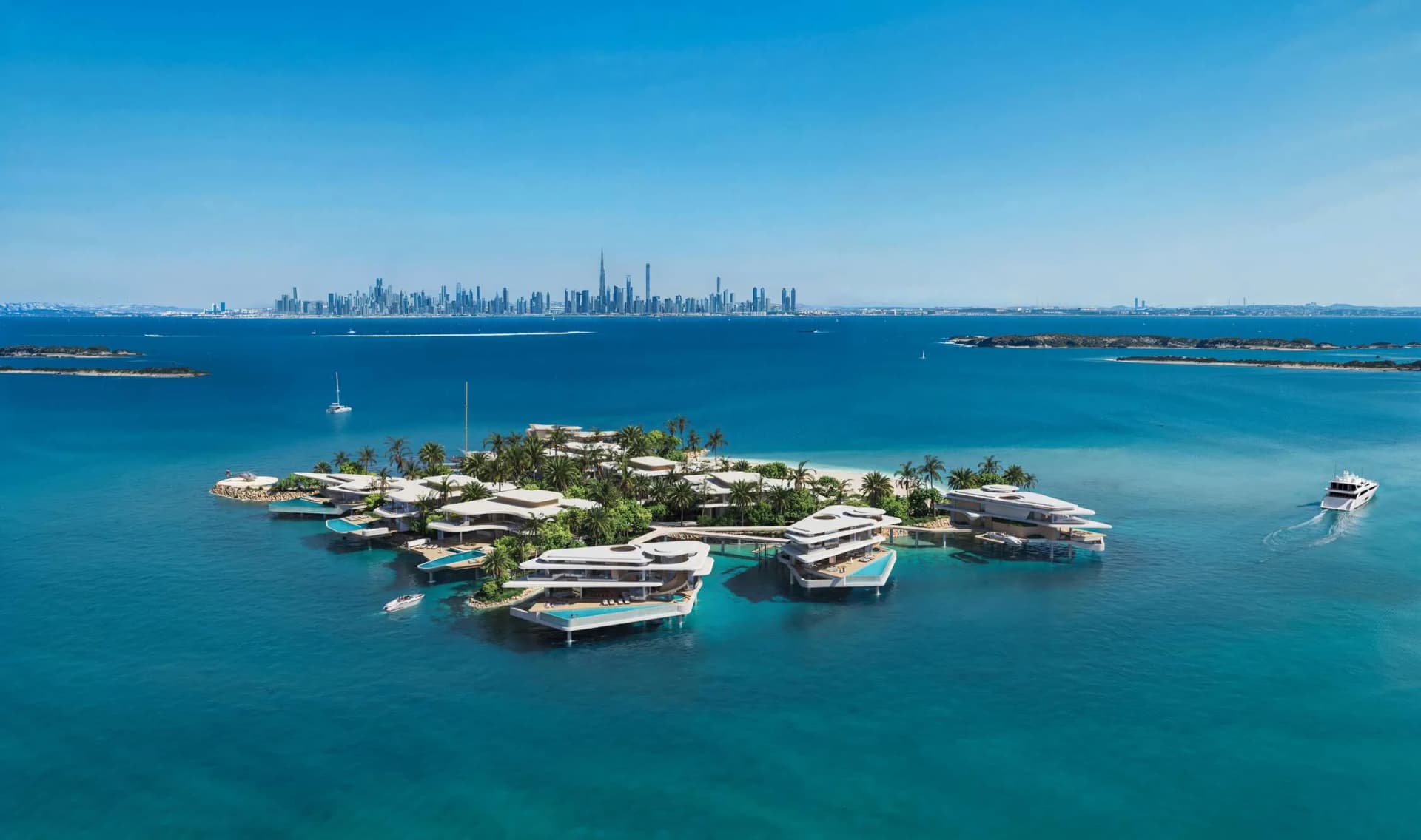 Nami Island private island development on The World, Dubai, with the Burj Khalifa skyline behind
