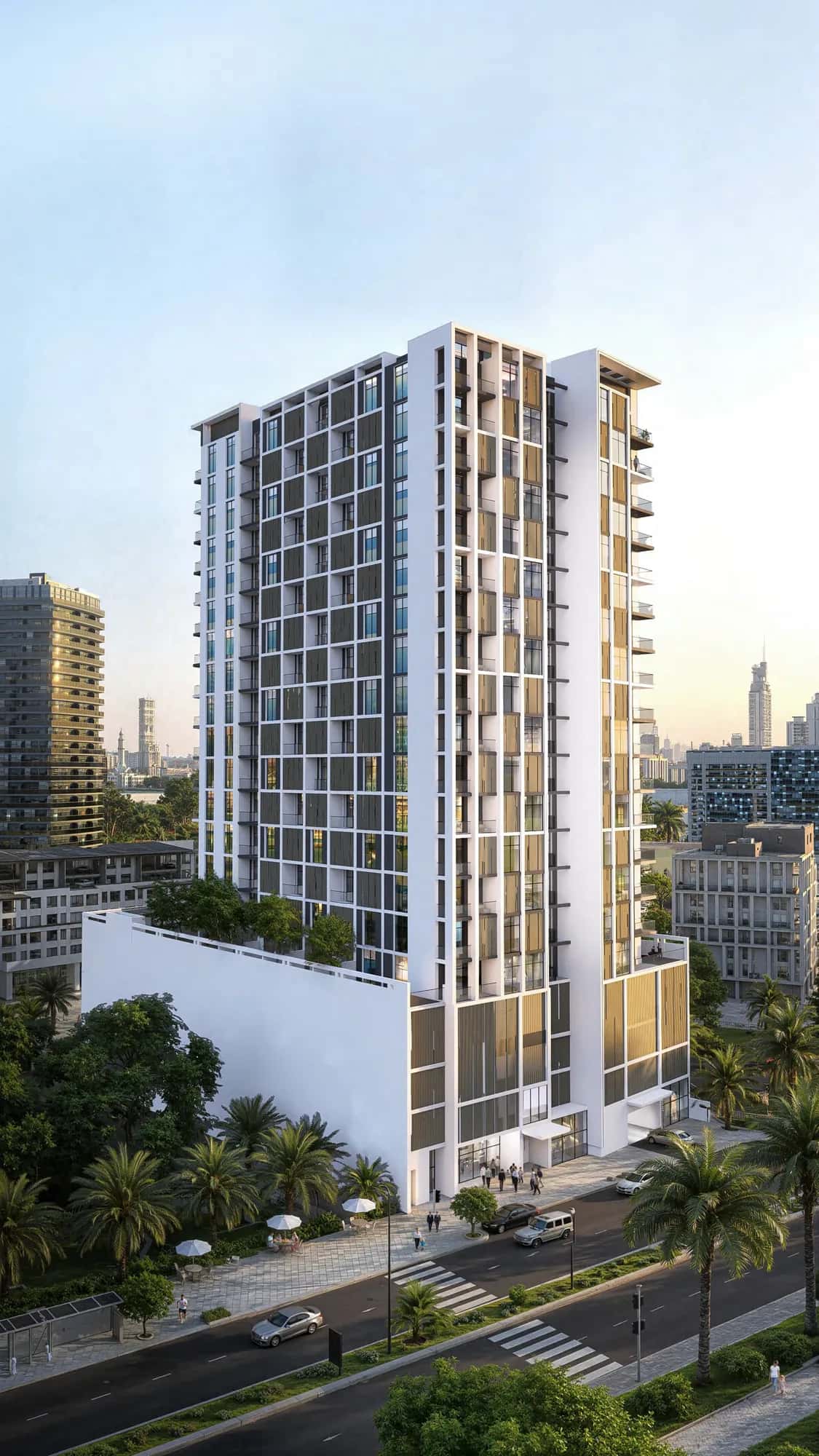 Aria Heights residential tower exterior in Jumeirah Village Circle, Dubai
