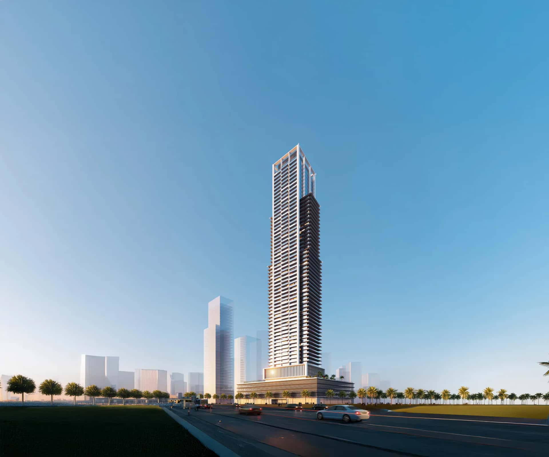 Auresta Tower exterior rendering, a 63-storey residential tower in Jumeirah Village Circle, Dubai