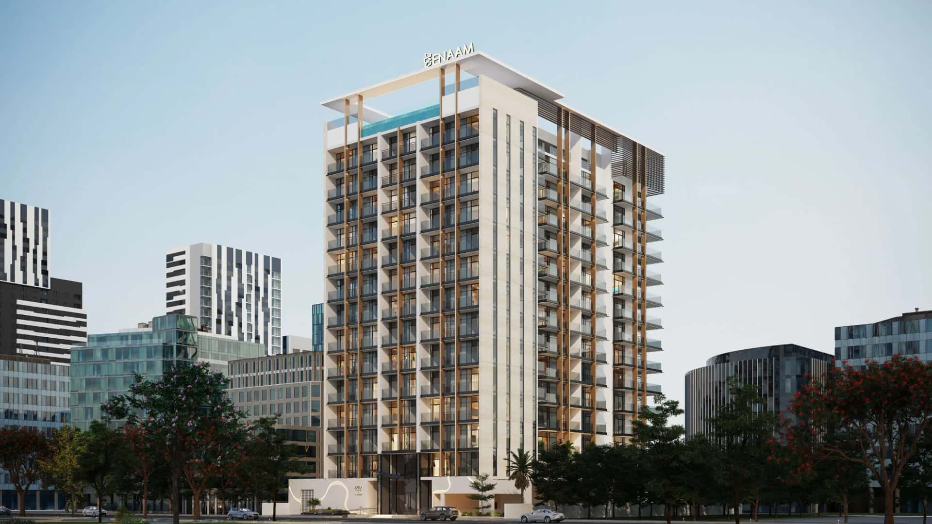 Azra Residence off-plan building exterior in Dubai Land Residence Complex, Dubailand