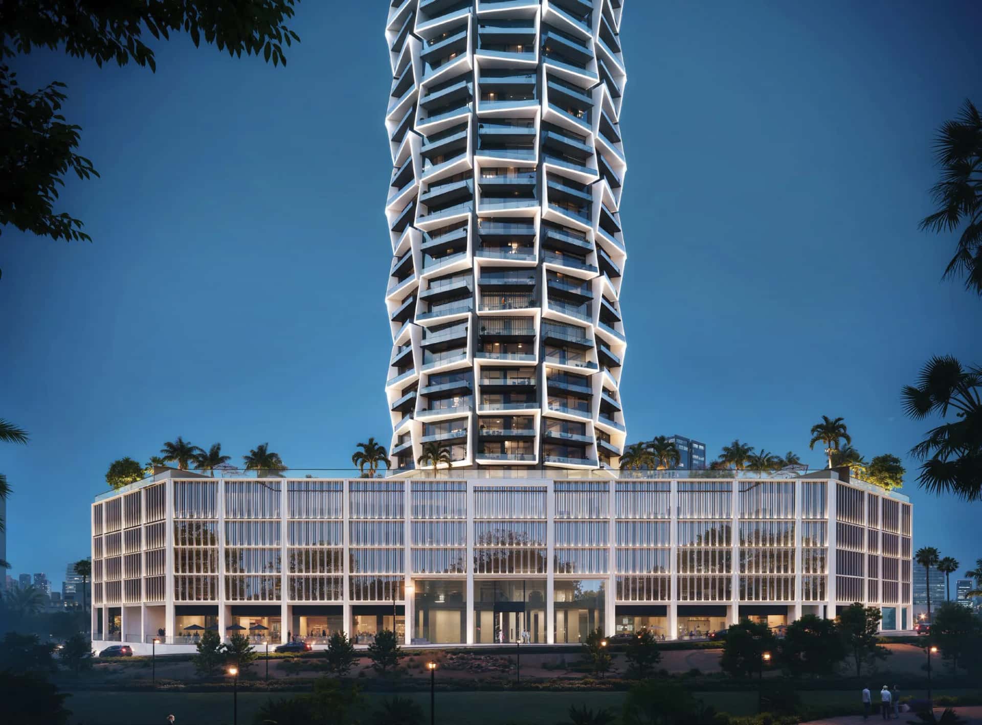 Binghatti Circle tower facade rising above Jumeirah Village Circle skyline
