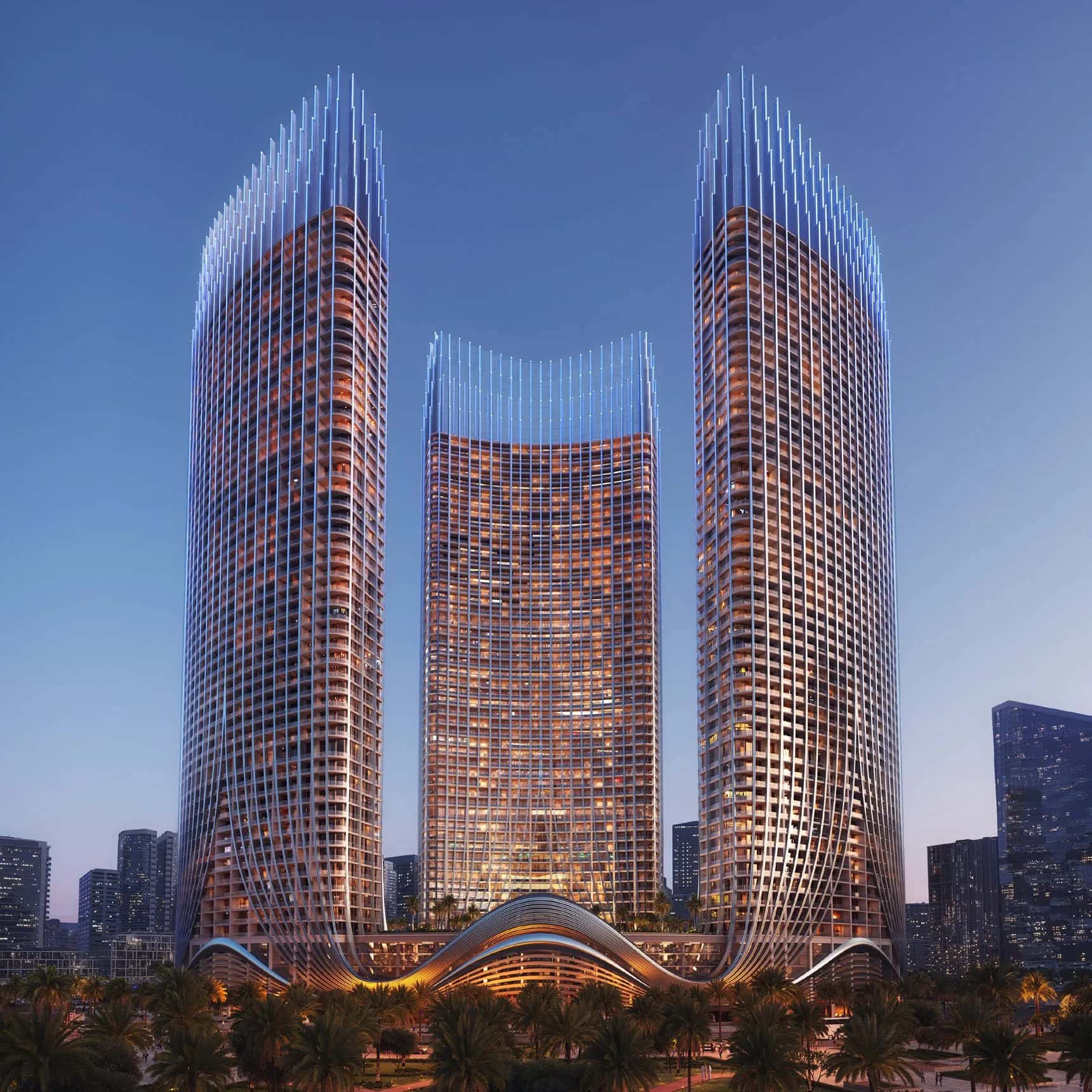 Binghatti Skyrise twin towers rising above the Business Bay skyline in Dubai