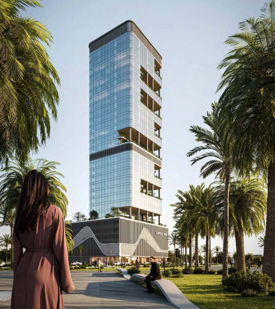 Capital One office tower facade rendering in Jumeirah Village Circle, Dubai