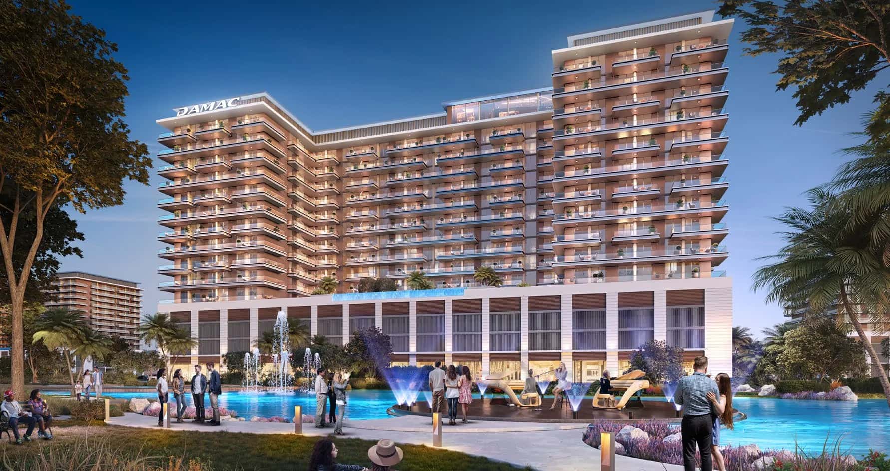DAMAC Riverside Olive townhouse cluster in Dubai Investment Park 2 with waterfront landscaping and modern facades