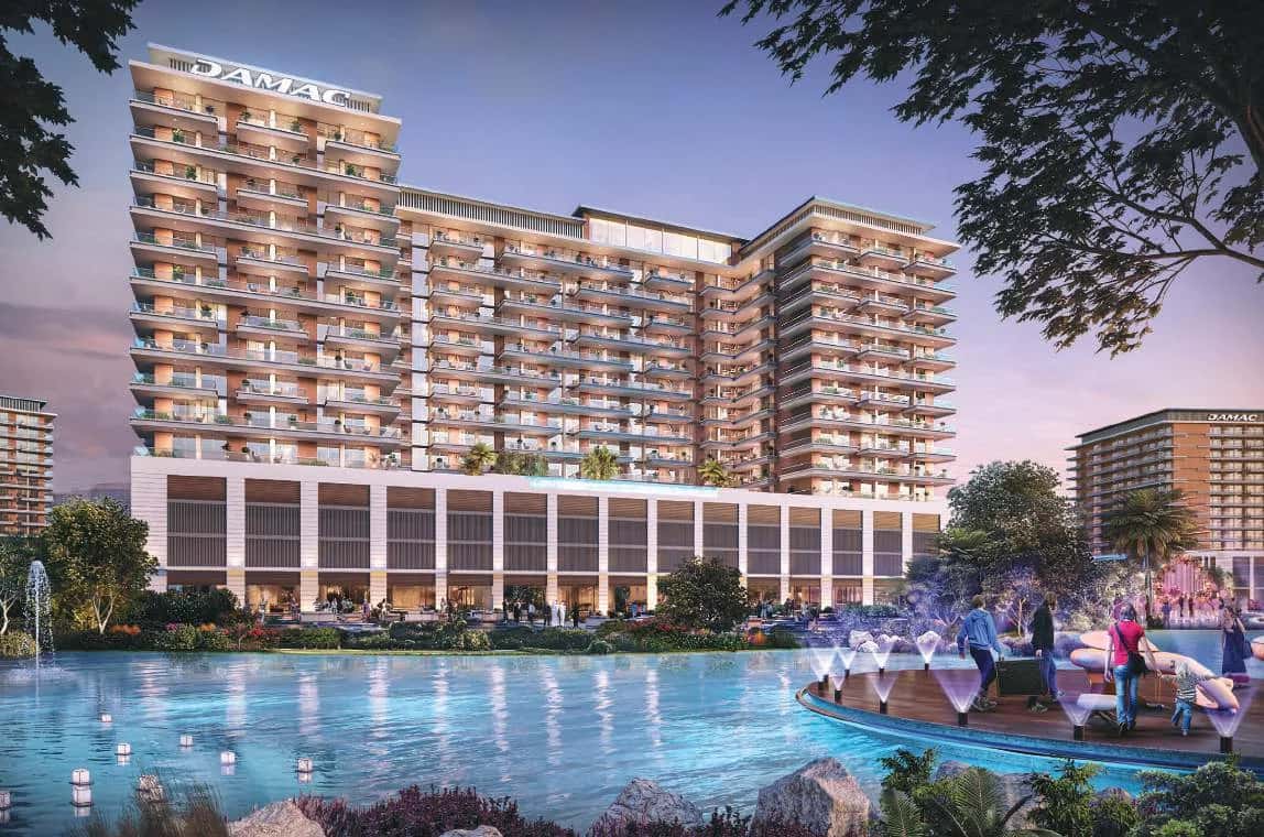 DAMAC Riverside Views Capri 1 apartment towers beside the riverside water feature