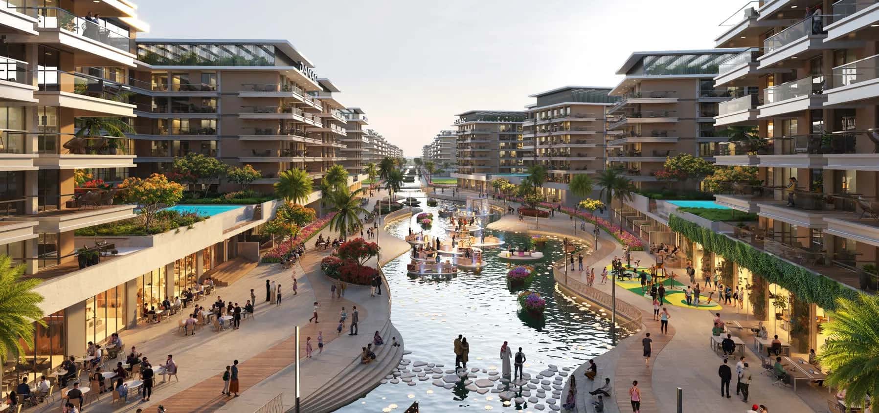 DAMAC Riverside Views Marine 1 apartment towers with waterfront and blue-hue community in Dubai Investment Park