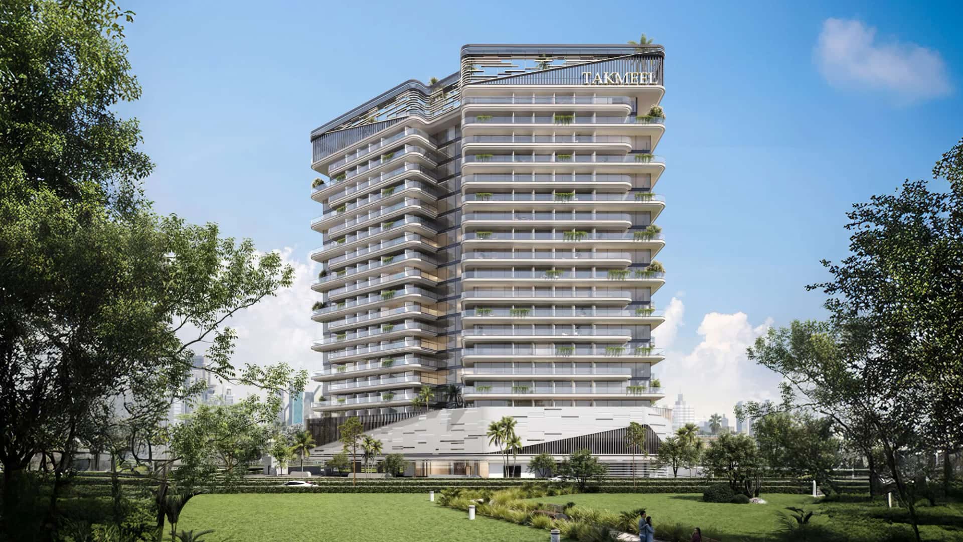 Divine Al Barari tower exterior with landscaped balconies overlooking Al Barari greenery in Majan