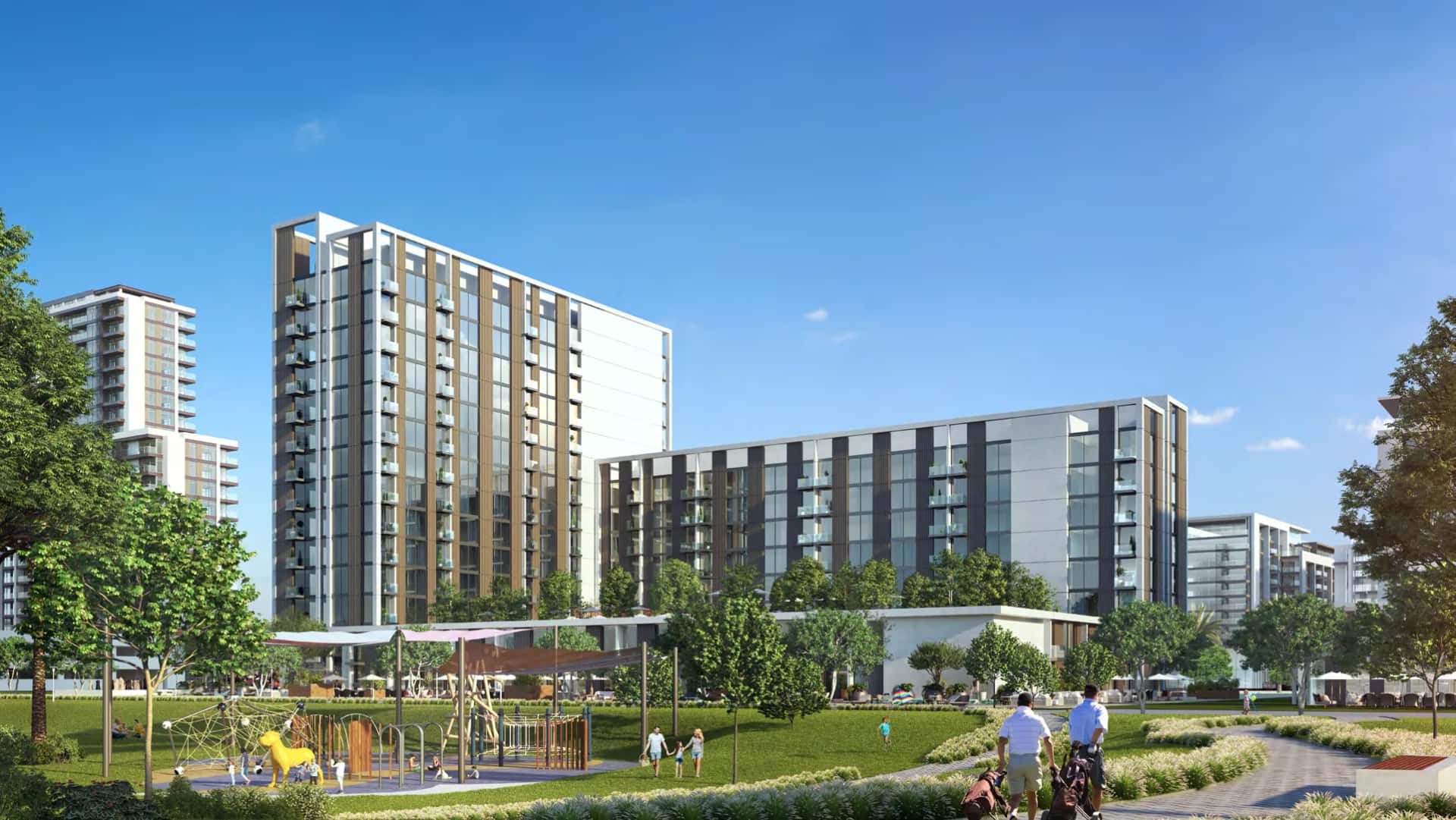 Golfville residential towers overlooking Dubai Hills Golf Course in Dubai Hills Estate