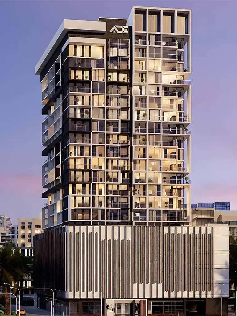 Greygate Residences by ADE tower exterior in Jumeirah Village Circle, Dubai