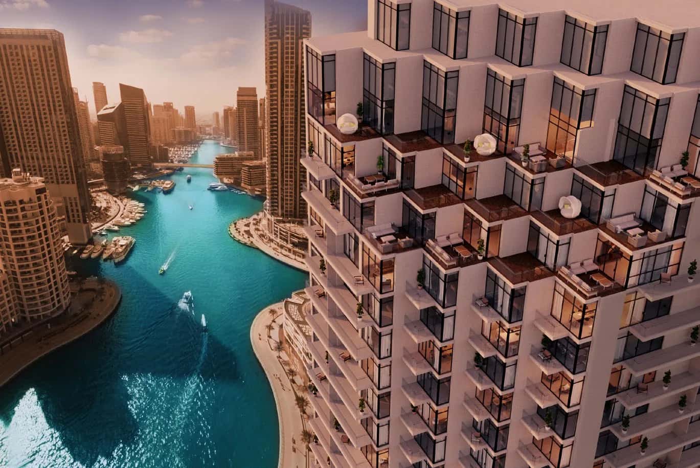 LIV Residence tower on the Dubai Marina promenade with infinity pool overlooking the waterfront