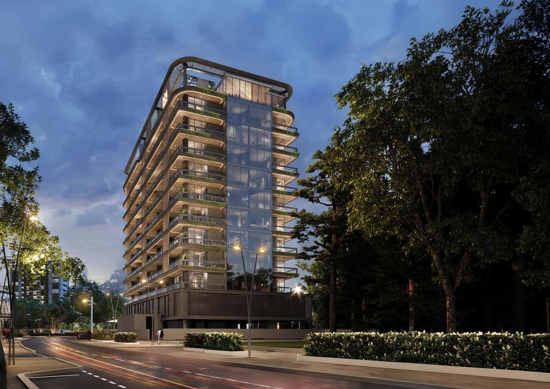 Marquis Vista residential building exterior in Dubai Land Residence Complex