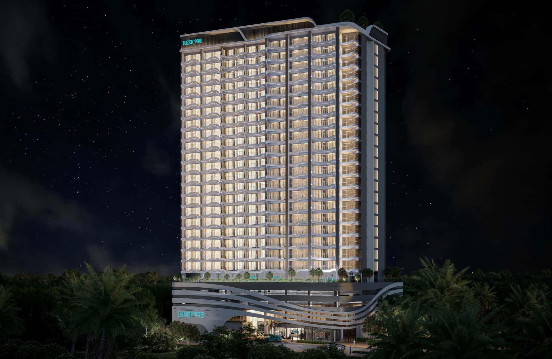 Reef 998 residential tower in Dubai Land Residence Complex featuring sunken balconies and rooftop amenity deck