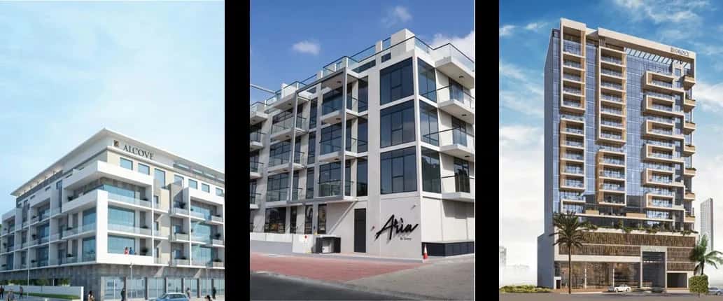 Rivo residential tower facade with layered terraces in Dubai Land Residence Complex