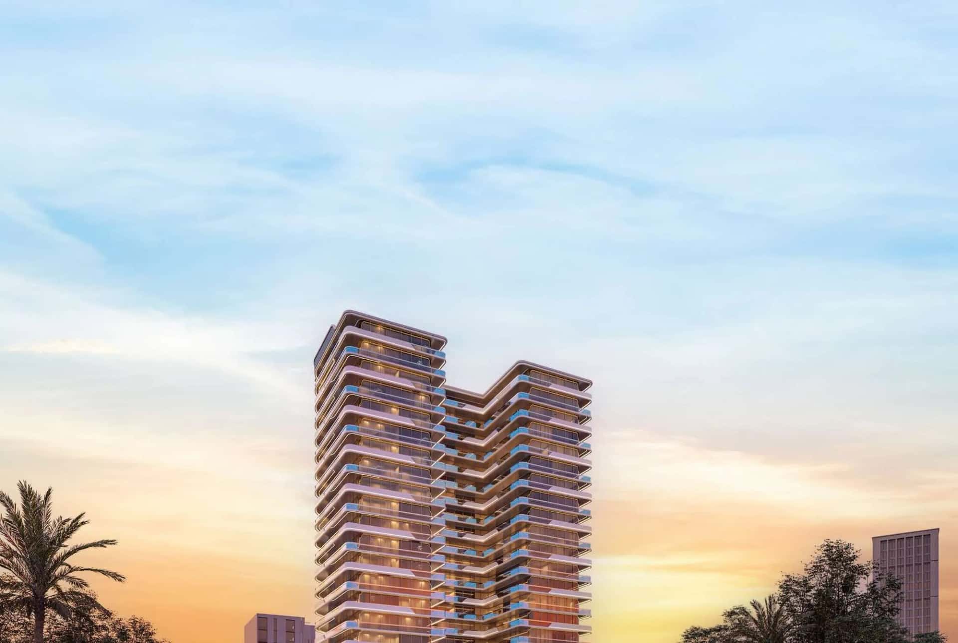 Samana Parkville residential tower exterior in Dubai Land Residence Complex