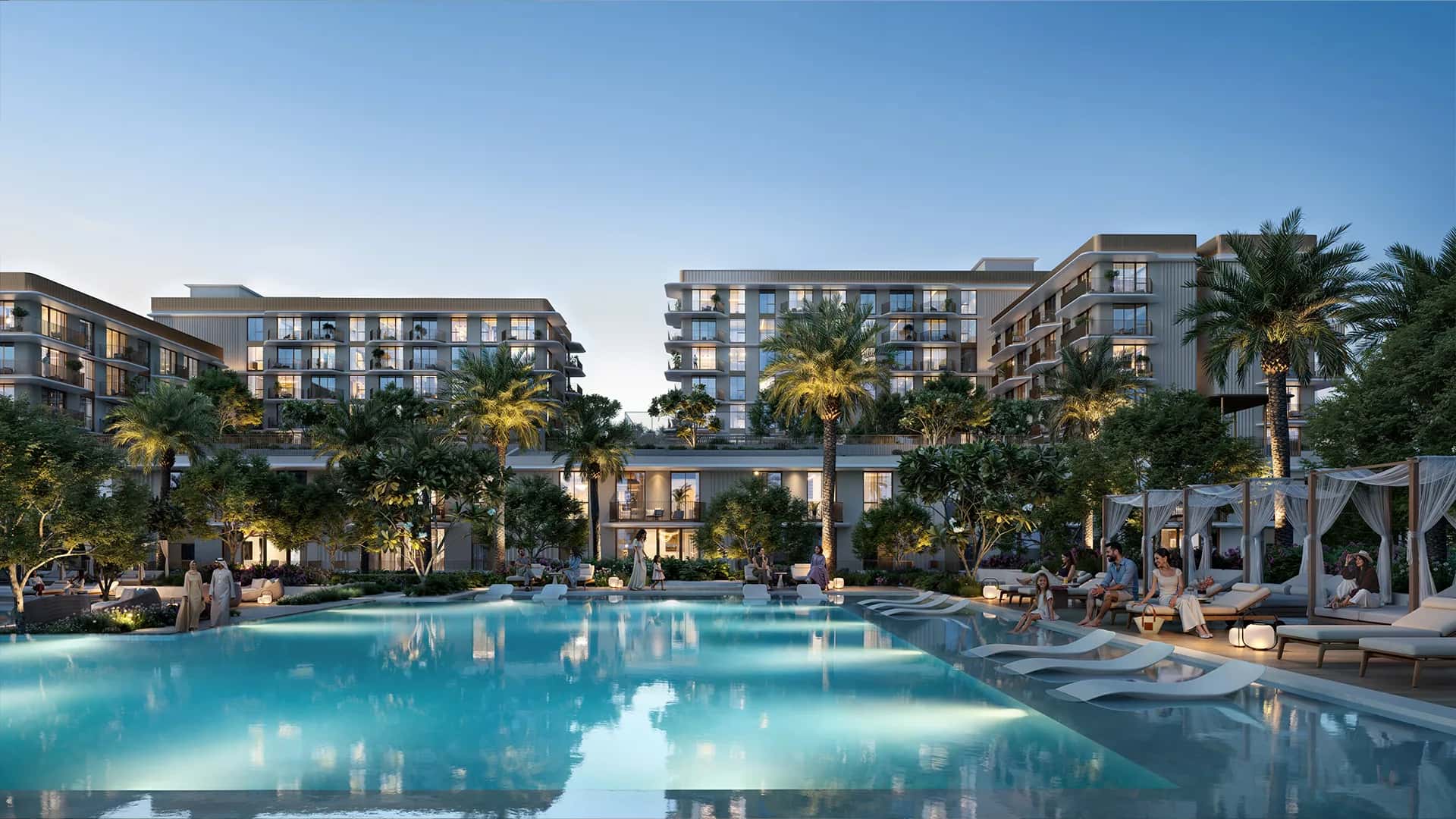 Sera 2 towers with pool and water garden amenities at Mina Rashid, Dubai