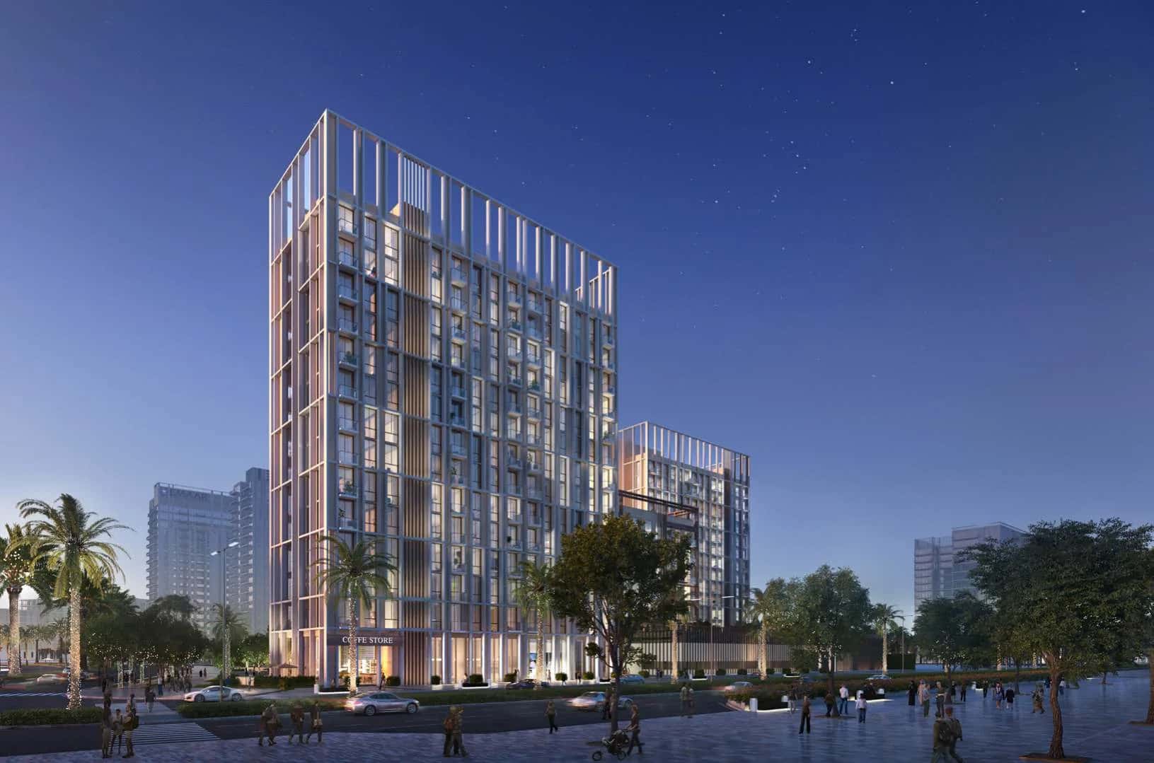 Socio residential towers in Dubai Hills Estate with ground-floor amenity podium