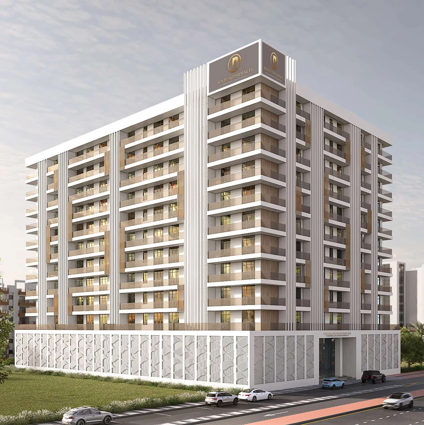 Sunbliss Residences Al Furjan exterior render, 10-storey residential building adjacent to Al Furjan Metro Station, Dubai