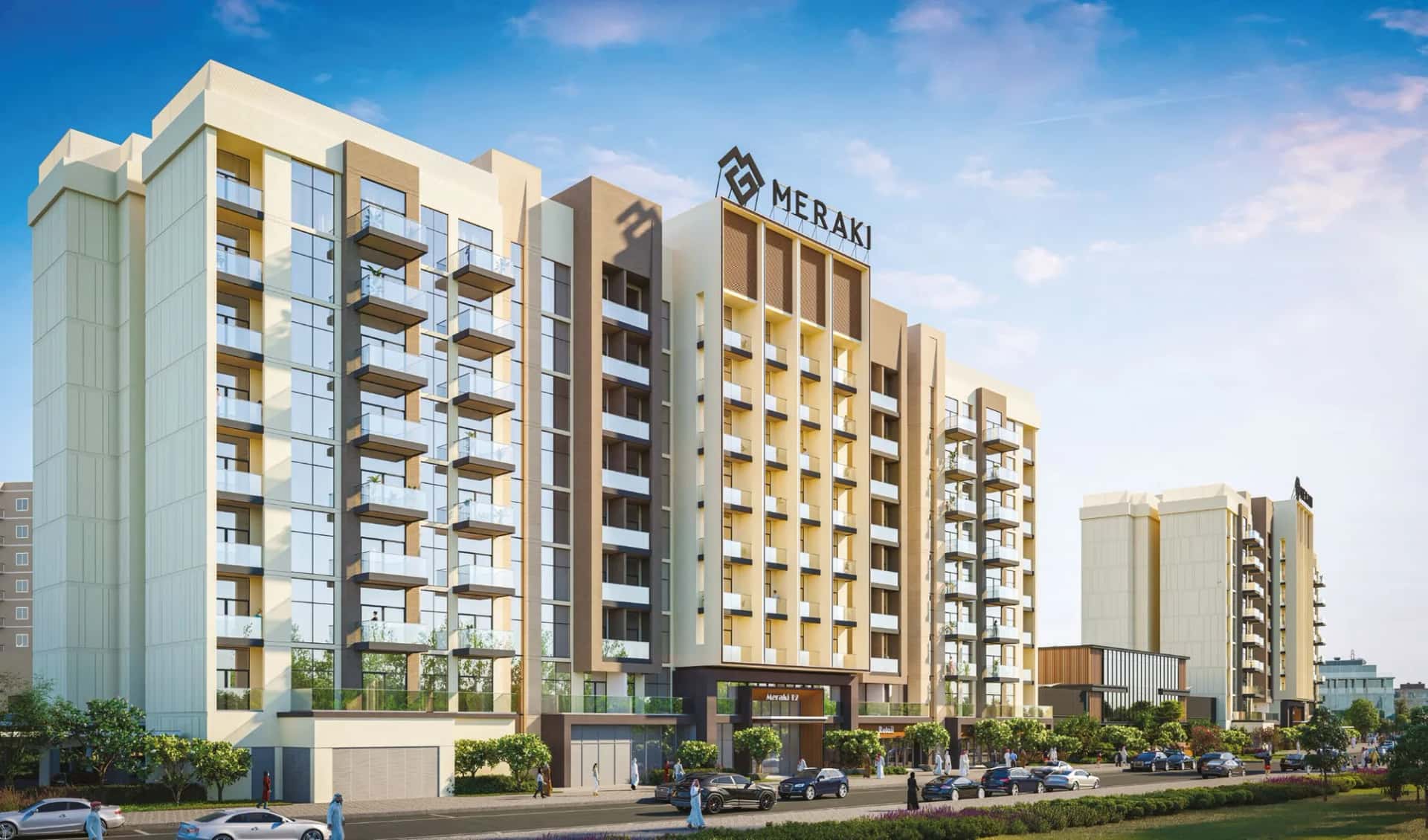 The Haven III low-rise residential building facade in Majan, Dubai with trellised balconies and greenery