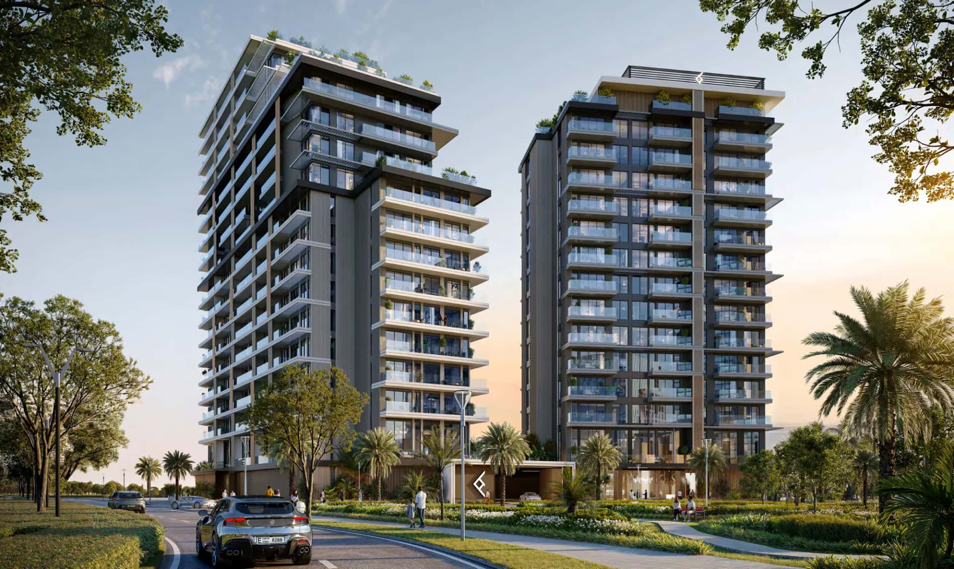 The Hillgate residential towers in Dubai Silicon Oasis with pool deck and landscaped podium