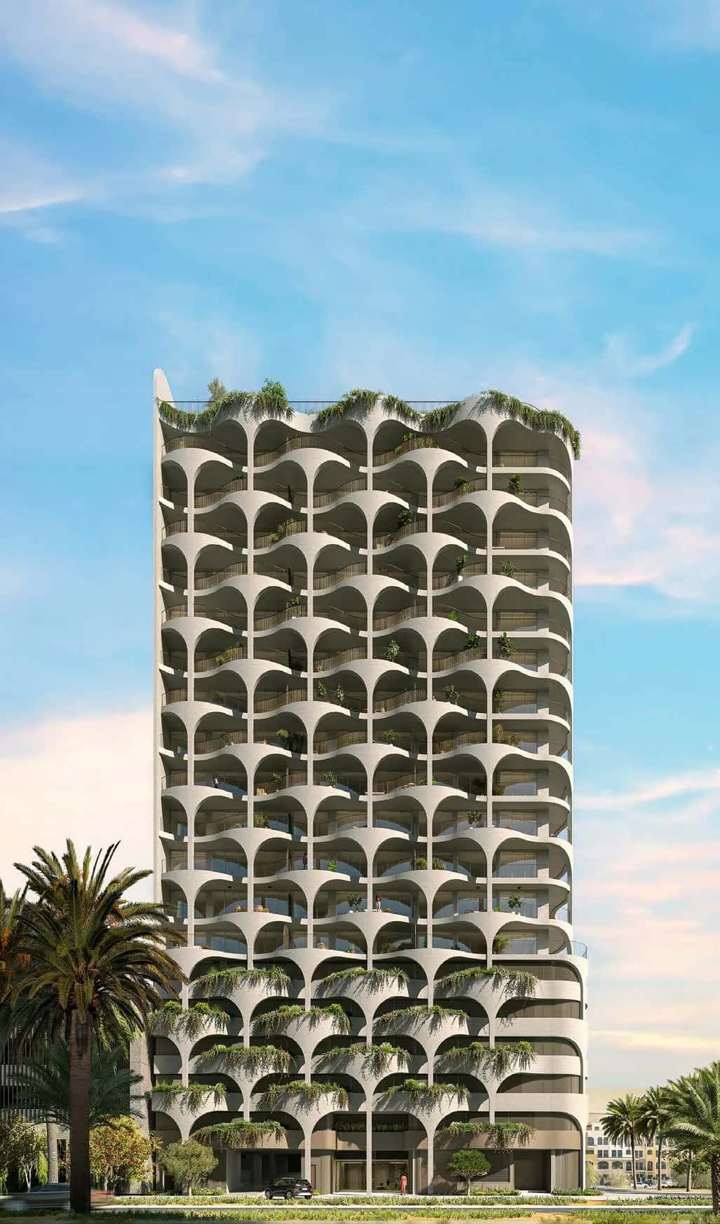 The Weave tower facade with woven balcony design in Jumeirah Village Circle, Dubai