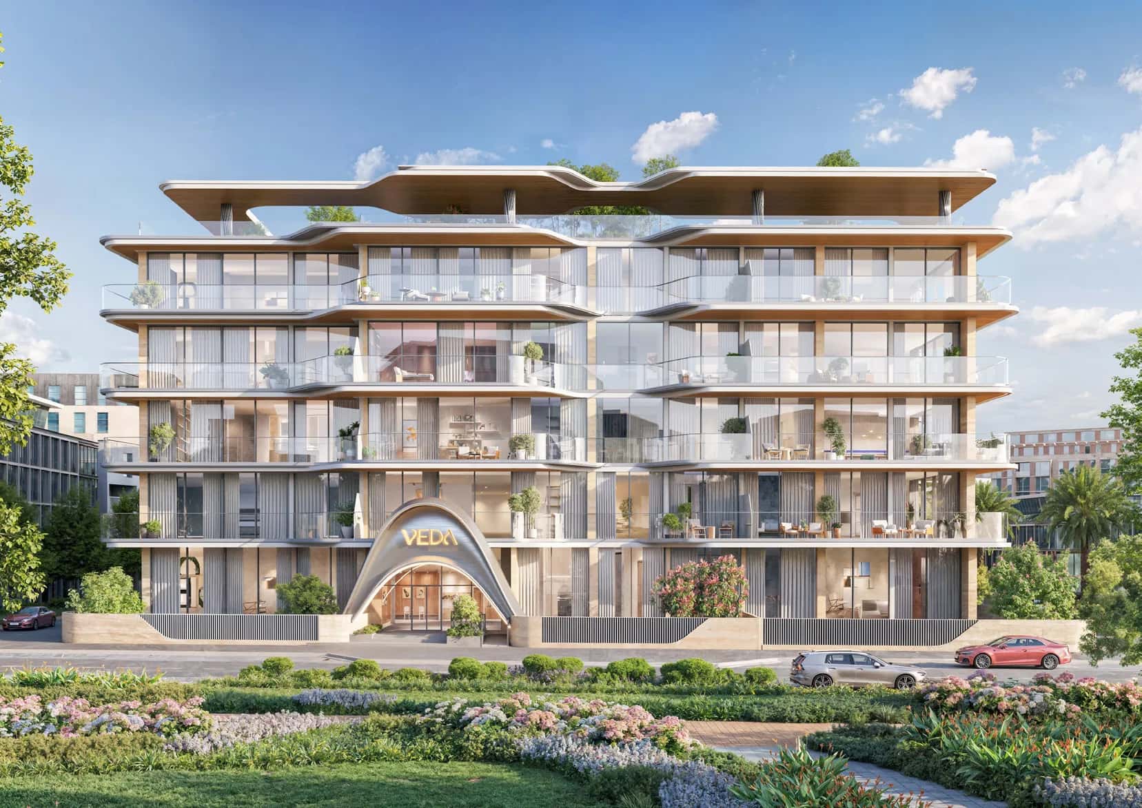Veda low-rise residential building facade with wood accents in Jumeirah Village Circle, Dubai