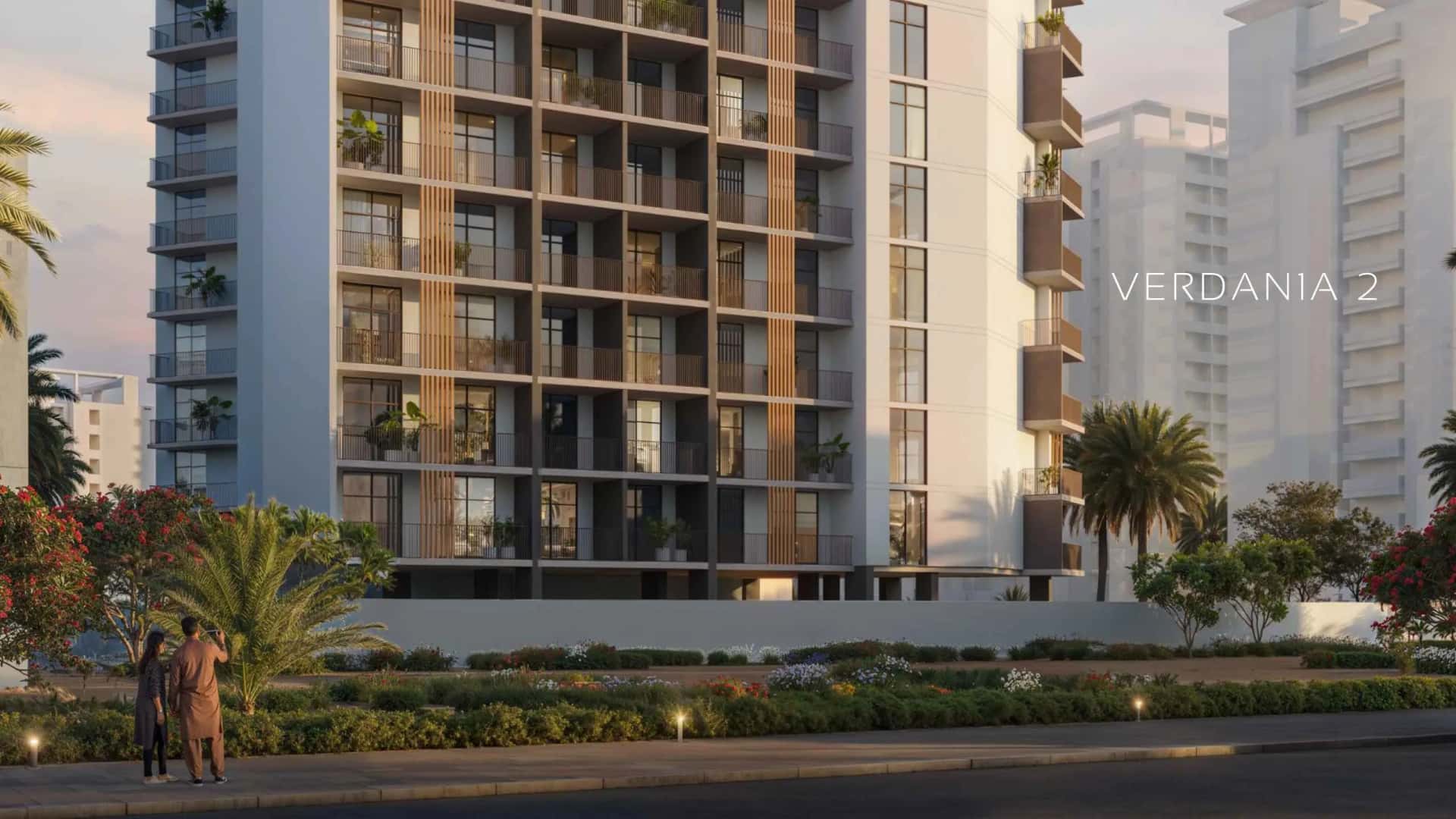 Verdania 2 residential building exterior, Dubai Land Residence Complex, Dubailand, off-plan apartments