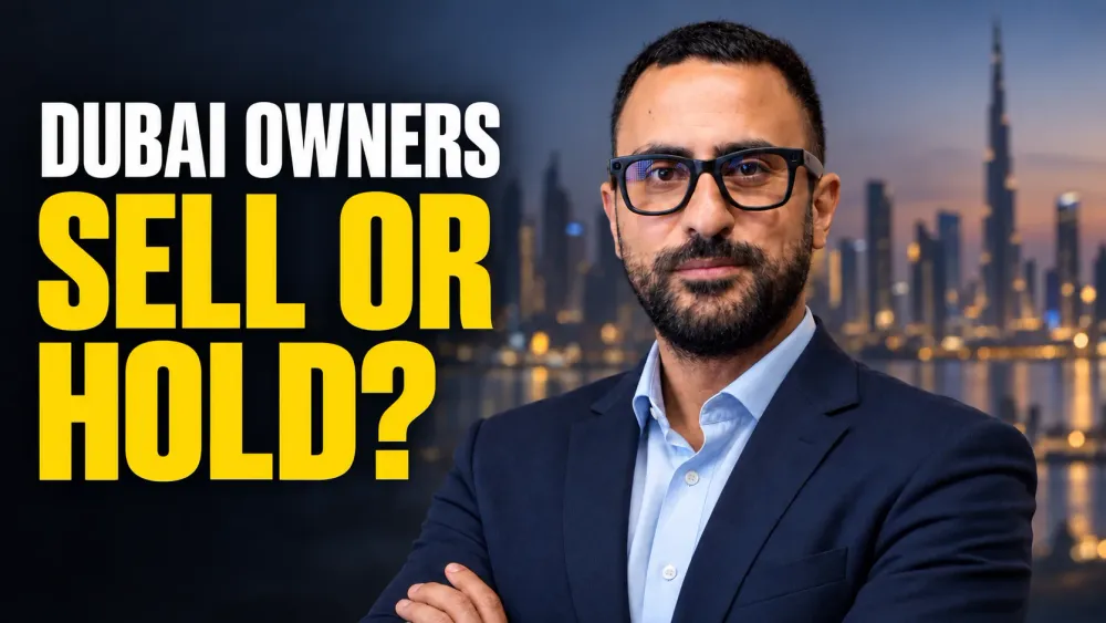 Dubai property owner weighing whether to sell or hold, Dubai skyline at dusk